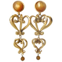 1980s Christian Lacroix Runway Gold Baroque Heart Earrings 
