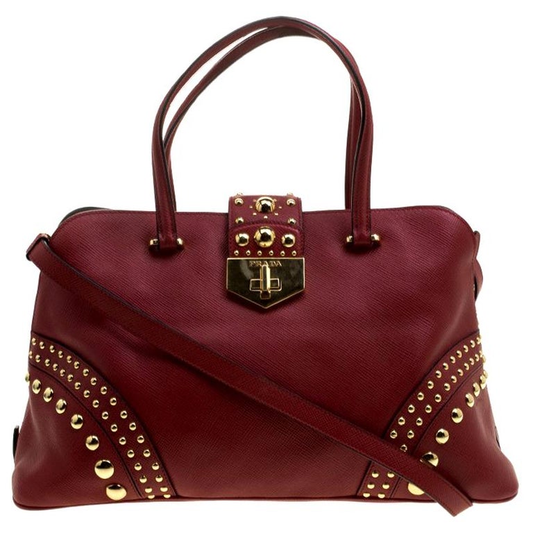 Prada Red Saffiano Cuir Leather Studded Tote For Sale at 1stDibs