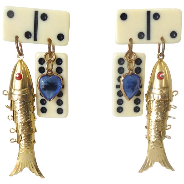 1980s Eclectic Domino Charm Statement Earrings 