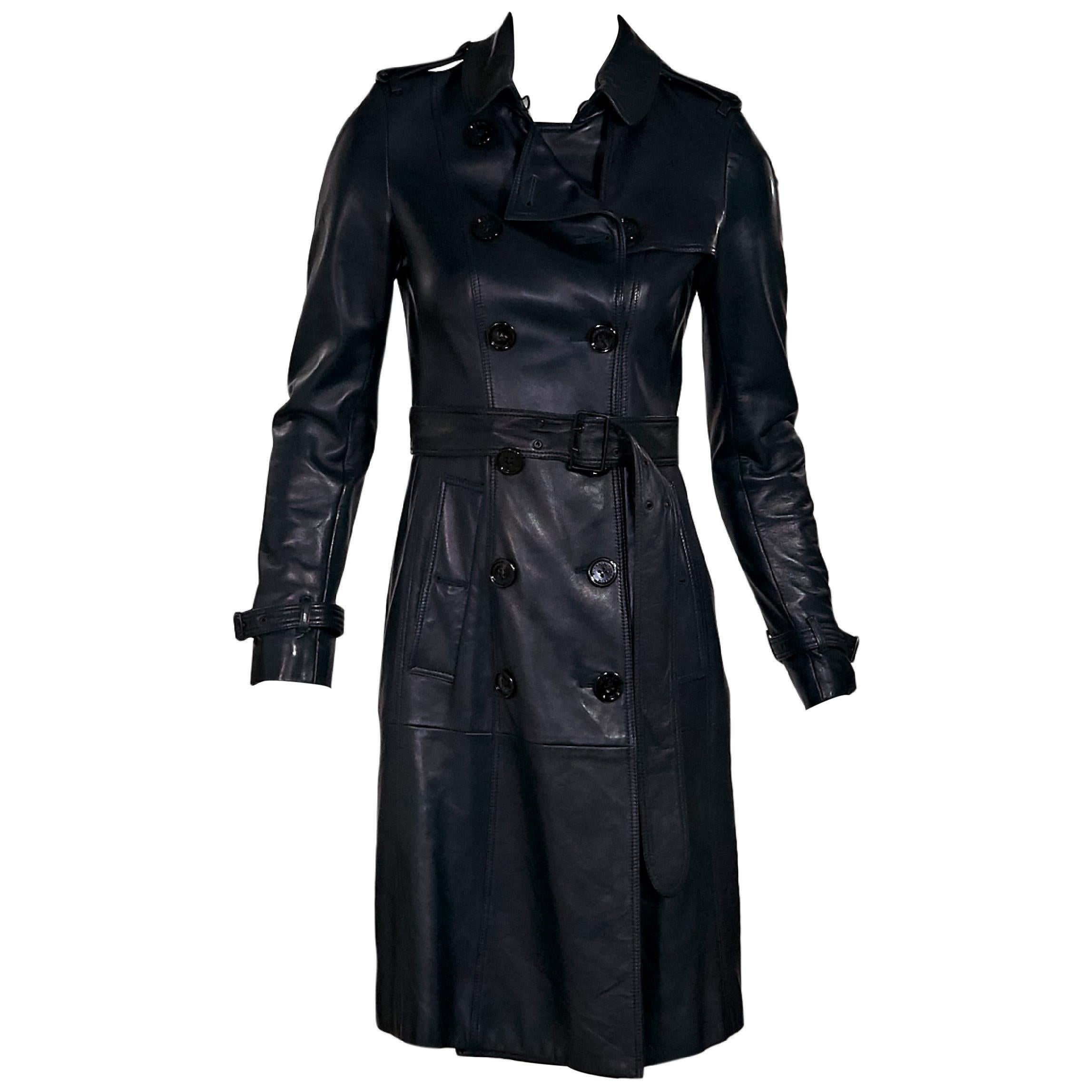Navy Blue Burberry Prorsum Leather Trench Coat