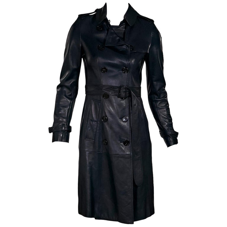 Navy Blue Burberry Prorsum Leather Trench Coat For Sale at 1stDibs