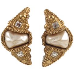 Alexis Lahellec Paris Clip-on Earrings Gilt Resin Crescent with Pearl