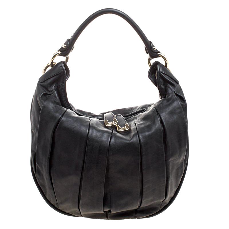 Bally Black Pleated Leather Multi Zip Hobo