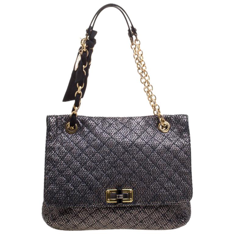 Lanvin Metallic Grey Quilted Ceramic Effect Leather Happy Shoulder Bag