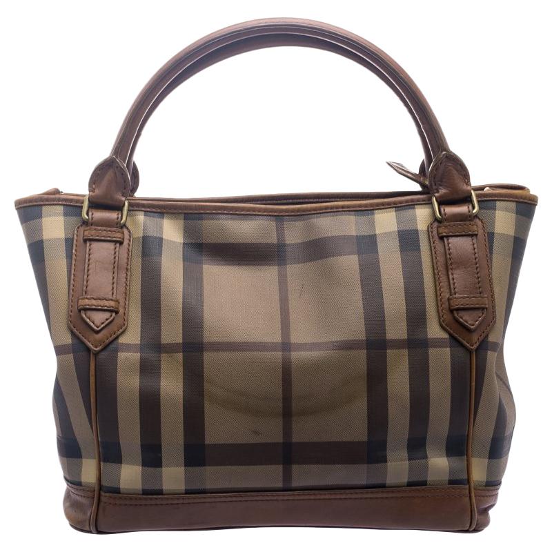 Burberry Brown Smoke Check PVC and Leather Tote For Sale at 1stDibs