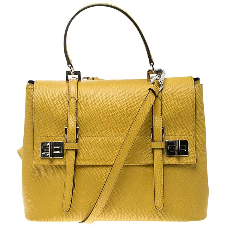 Prada Yellow Saffiano Cuir Leather Double Turn Lock Satchel