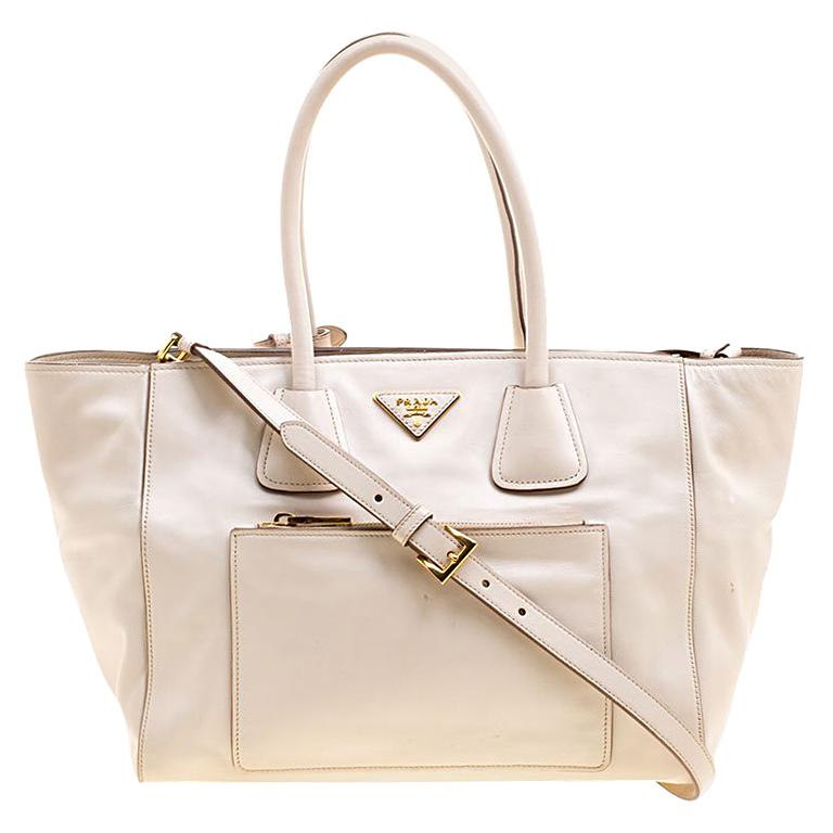 Prada Off White Vitello Leather Phenix Front Pocket Tote