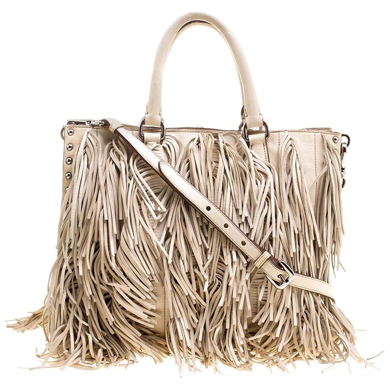 Prada Beige Leather Fringe Tote