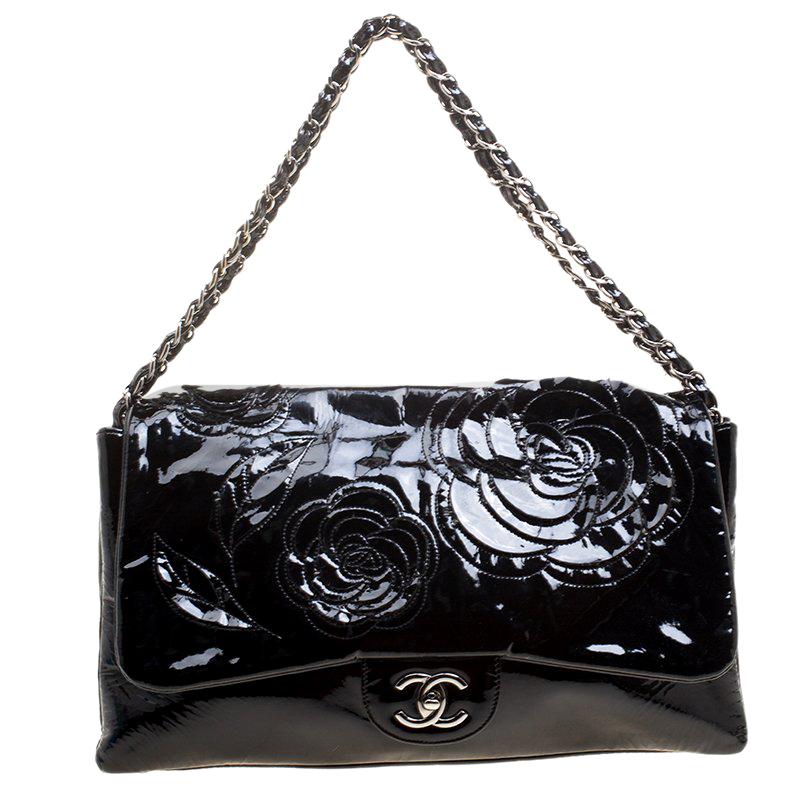 Chanel Black Patent Leather Camellia Flap Shoulder Bag For Sale at 1stDibs