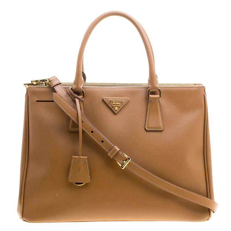 Prada Brown Saffiano Lux Leather Medium Double Zip Tote