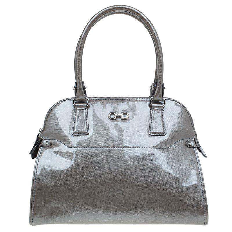 Salvatore Ferragamo Silver Patent Leather Satchel Bag
