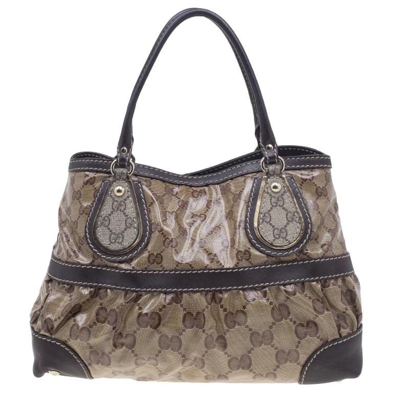 Gucci Brown Coated Canvas Monogram Crytal Mix Tote For Sale at 1stDibs