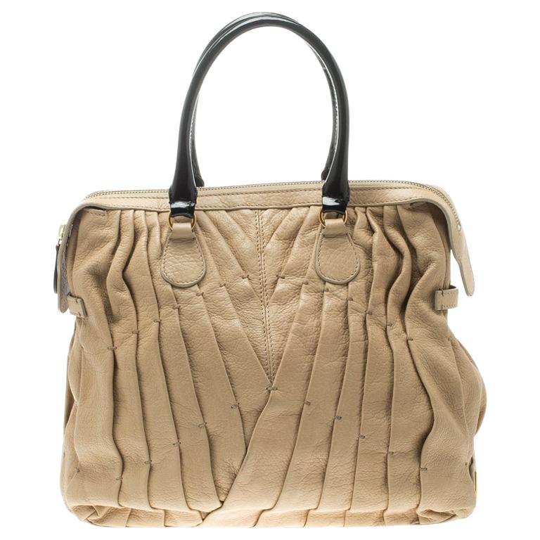 Valentino Beige Leather Maison Pintucked Tote For Sale at 1stDibs