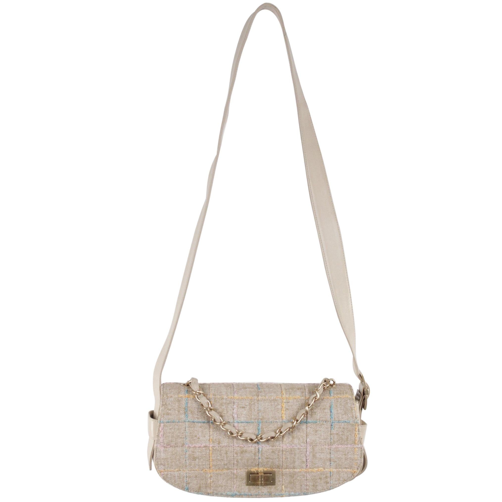 Chanel Beige Tweed and Leather Mademoiselle Turnlock Shoulder Bag