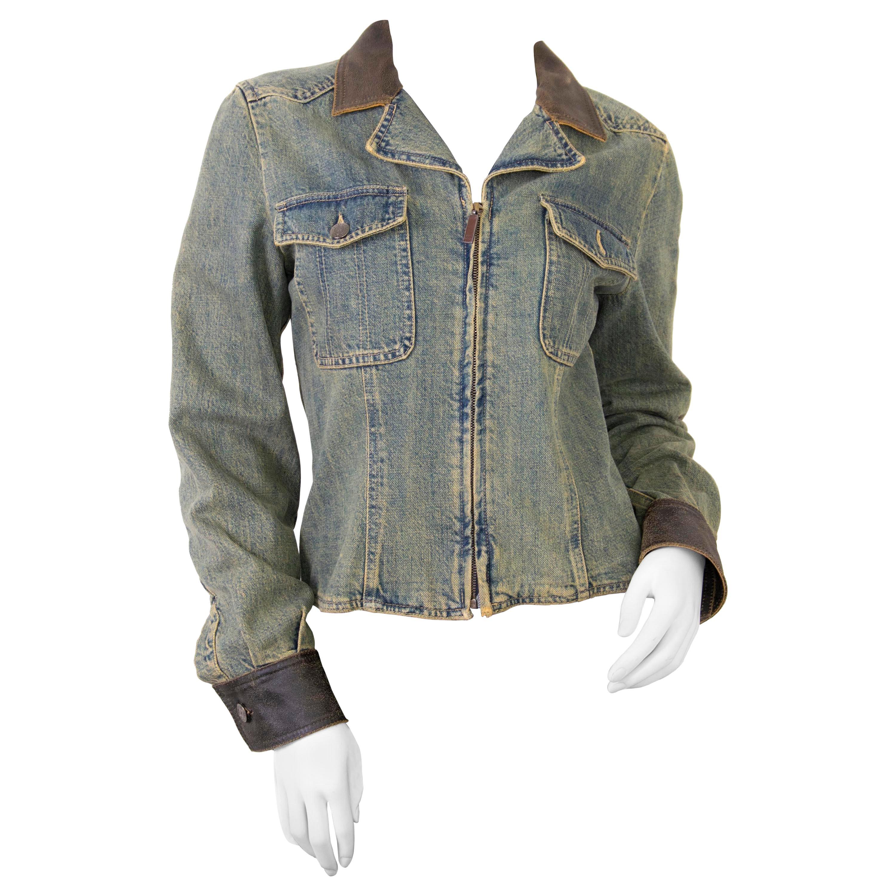 Chanel Denim Jacket with Leather Collar - size 38 For Sale