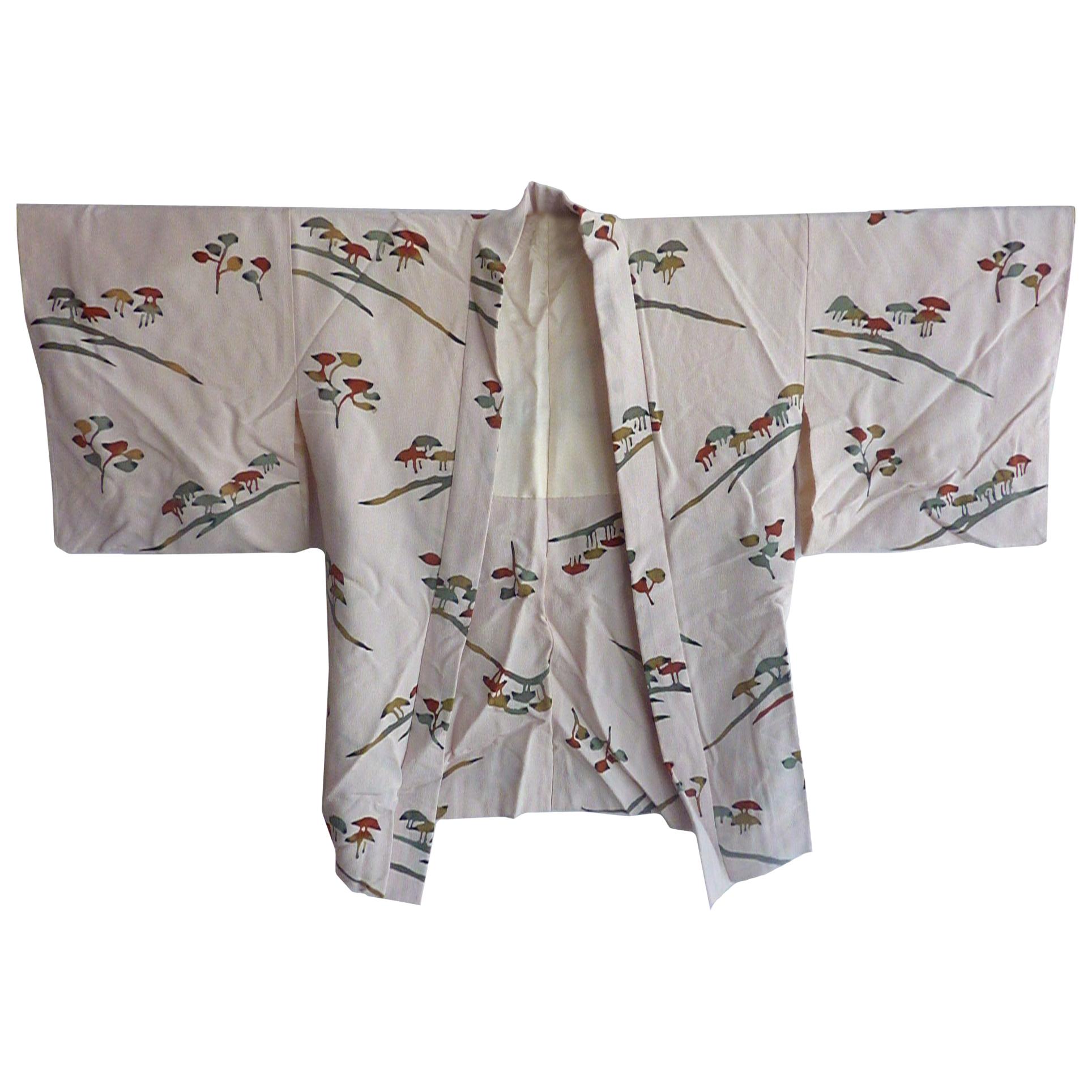 Japanese vintage botanical printed gray silk short Kimono Jacket