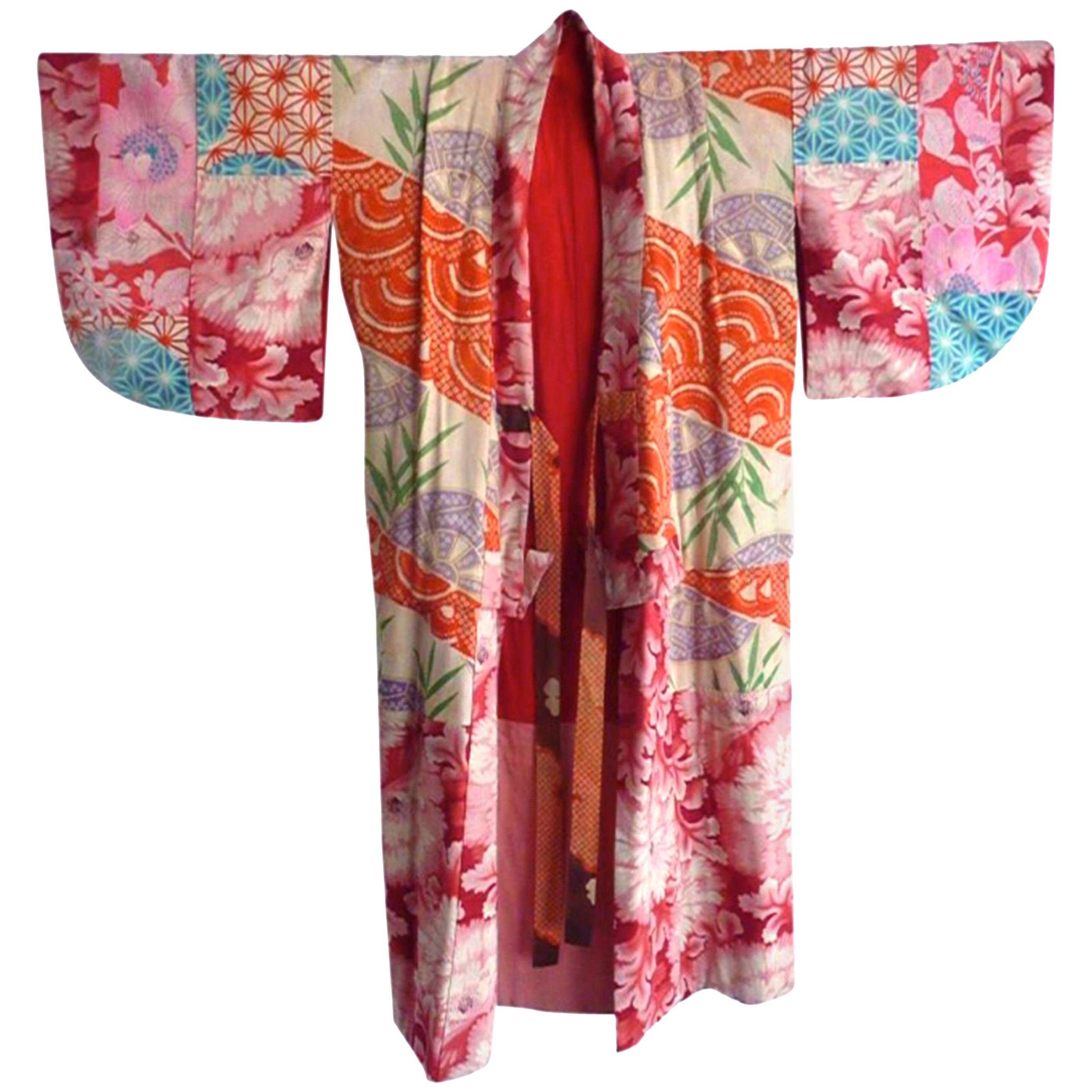 Japanese teen-size red cherry blossom printed patchwork vintage Kimono 