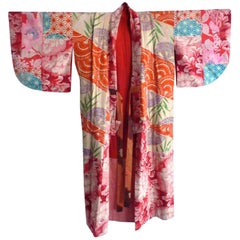 Japanese teen-size red cherry blossom printed patchwork vintage Kimono