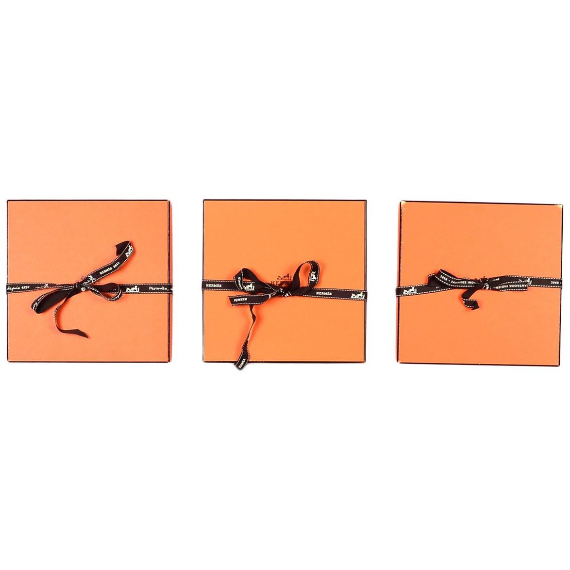 Hermes Orange Boxes W/ Ribbon 7.5" W x 7.5" H x 1.5" D (Set Of 3)