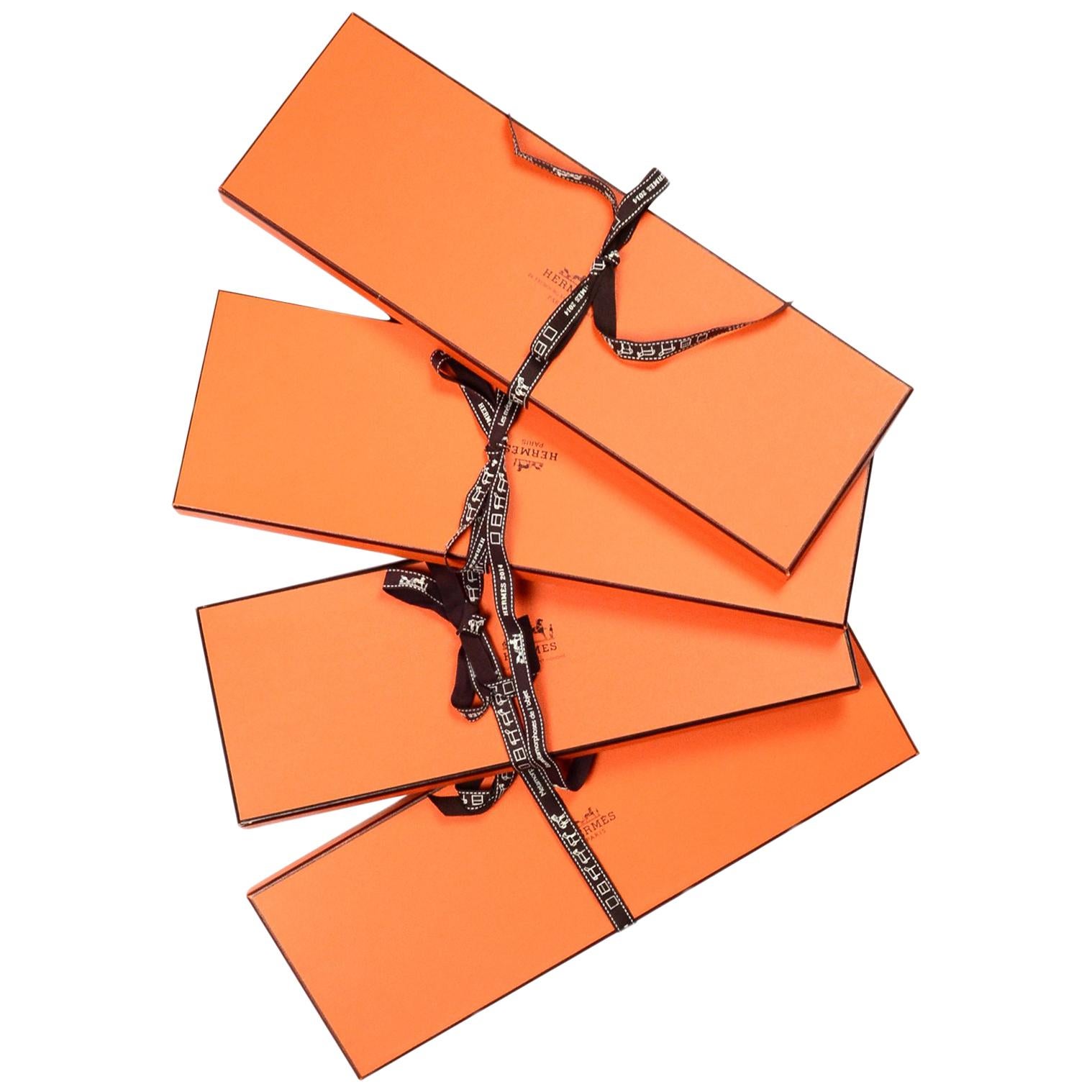 Hermes Orange Tie/Scarf Boxes W/ Ribbons 15 H x 5 W x .75 (Set of 4) For  Sale at 1stDibs