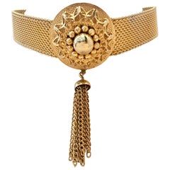 Vintage 20th Century Gold Metal Mesh Medallion & Tassel Choker Necklace