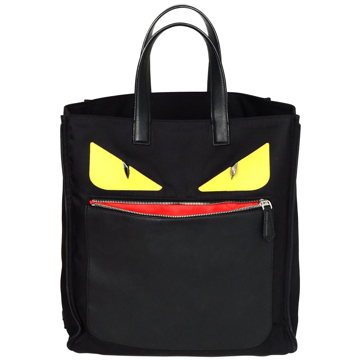 Fendi Black Nylon/Leather Monster Top Handle Tote Bag For Sale at 1stDibs