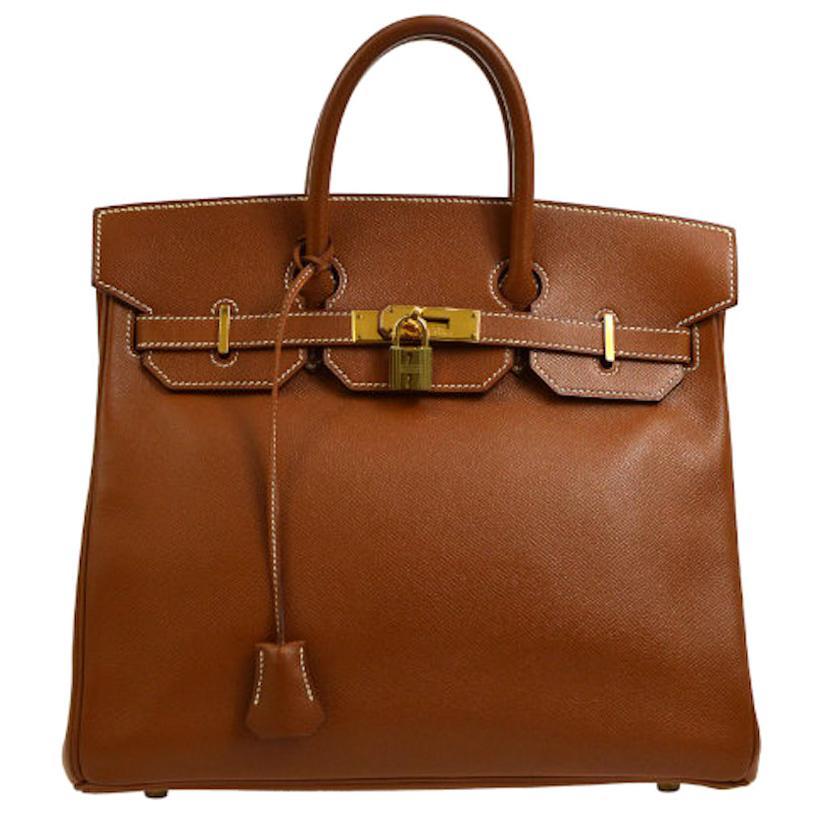 Hermes Birkin 32 Cognac Leather Gold Top Handle Satchel Travel Tote Bag in Box