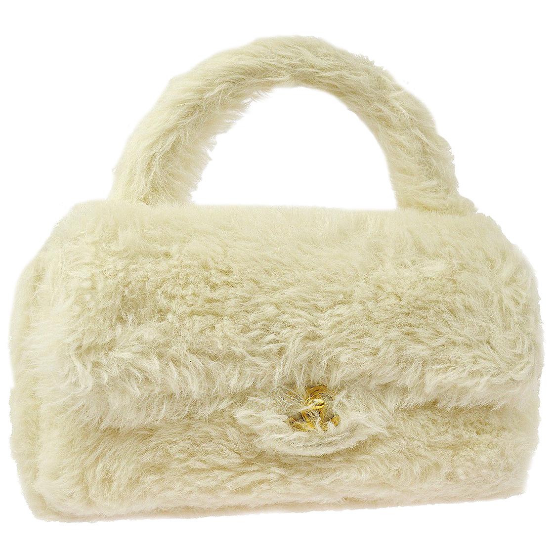 Chanel Rare Kelly Off White Fantasy Rabbit Fur Top Handle Satchel Evening Bag