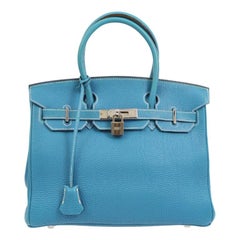 Hermes Birkin 30 Tiffany Blue Leather Silver Top Handle Satchel Tote Bag in Box
