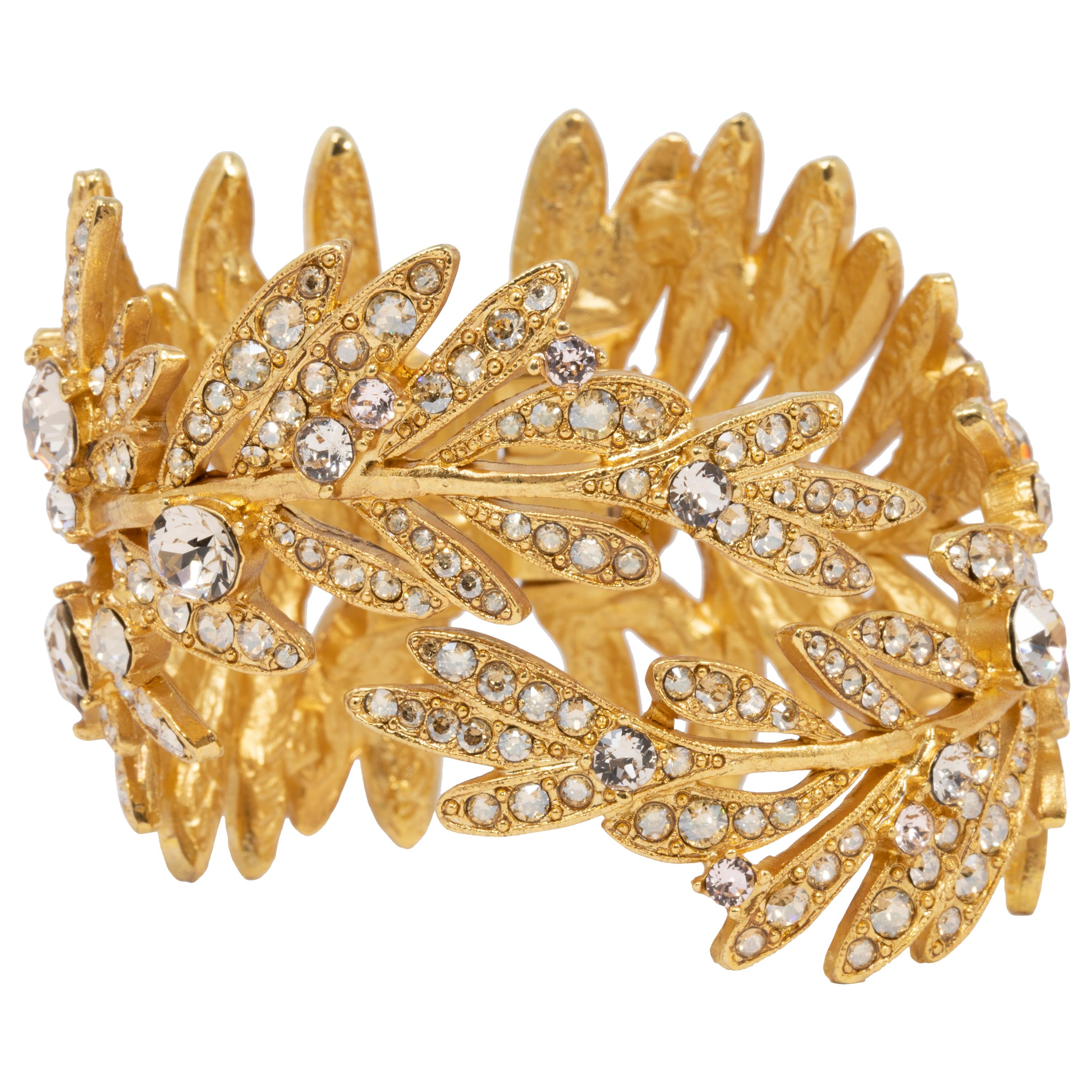 Oscar de la Renta Tropical Leaf Hinged Cuff Bracelet, Clear Crystals, in Gold