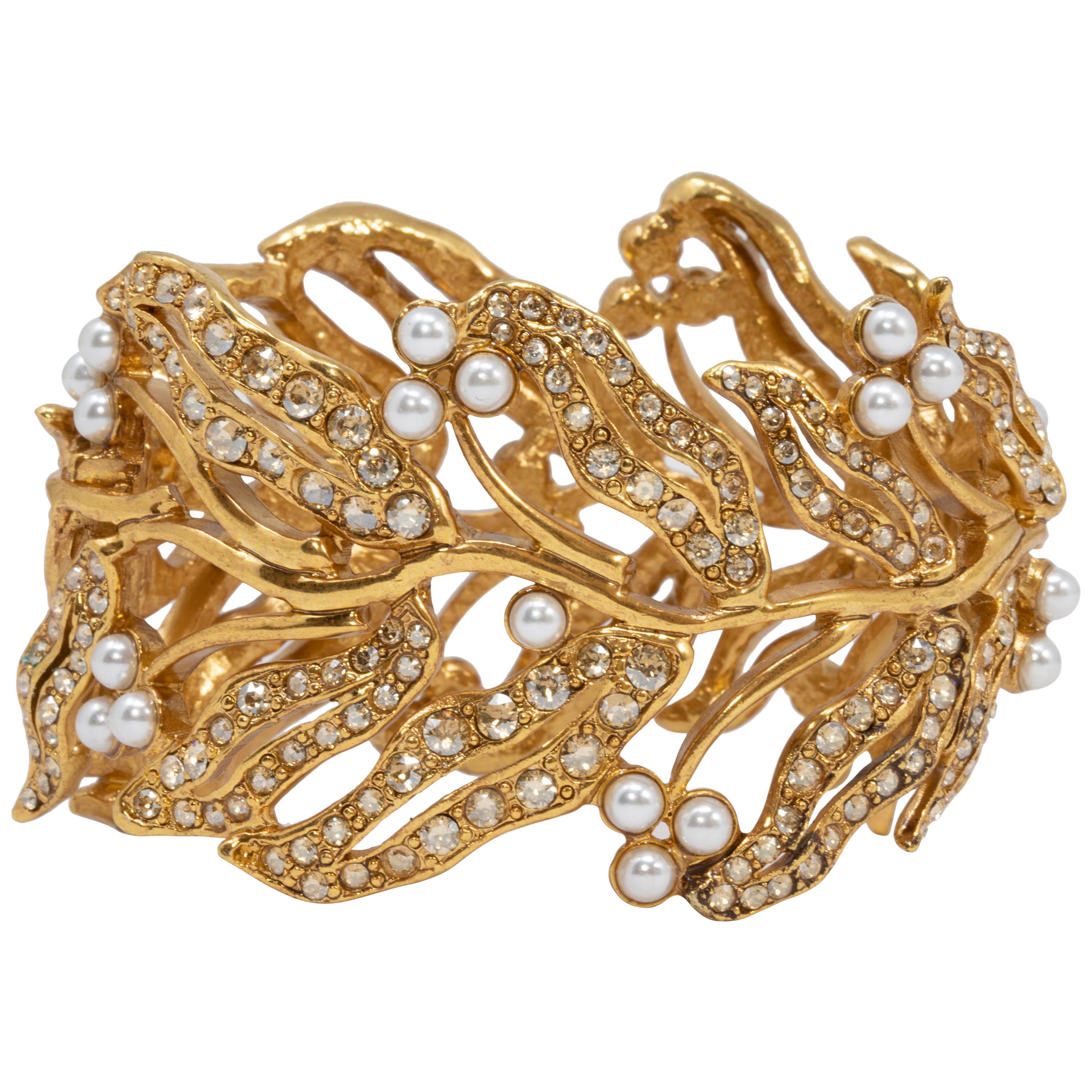 Oscar de la Renta Bamboo Leaf Faux Pearl Hinged Cuff Bracelet in Gold For Sale