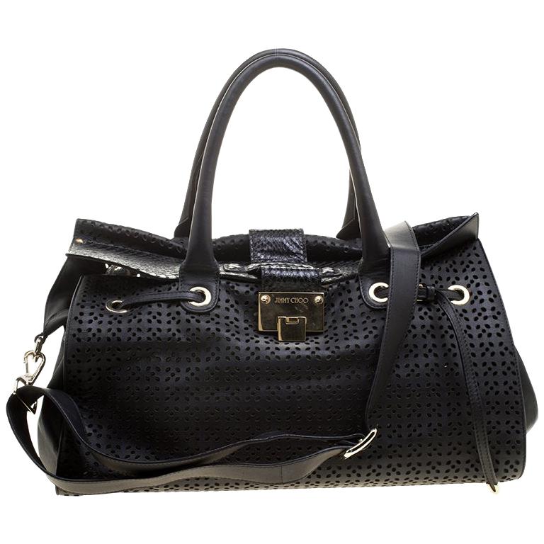 Jimmy Choo Black Perforated Leather Rosa Flap Over Tote