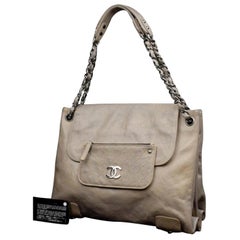 Vintage Chanel Chain Logo Tote 224938 Grey Leather Shoulder Bag