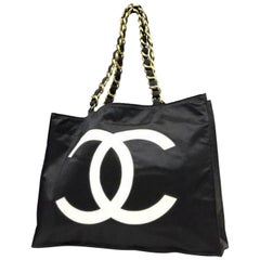 Chanel Jumbo Cc Chain 224636 Black X White Nylon Tote
