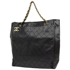 Vintage Chanel Quilted Chain Tote 224935 Black Leather Shoulder Bag