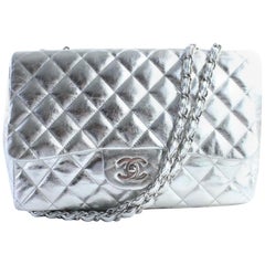 Chanel (Rare) Metallic Mirror Jumbo Classic Double Flap 226586 Silver Leather Sh