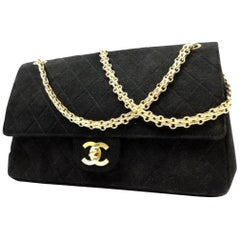 Vintage Chanel Classic Double Flap 224140 Black Quilted Cotton Jersey Shoulder Bag