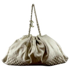 Vintage Chanel Jumbo 223591 Beige Quilted Cotton Shoulder Bag