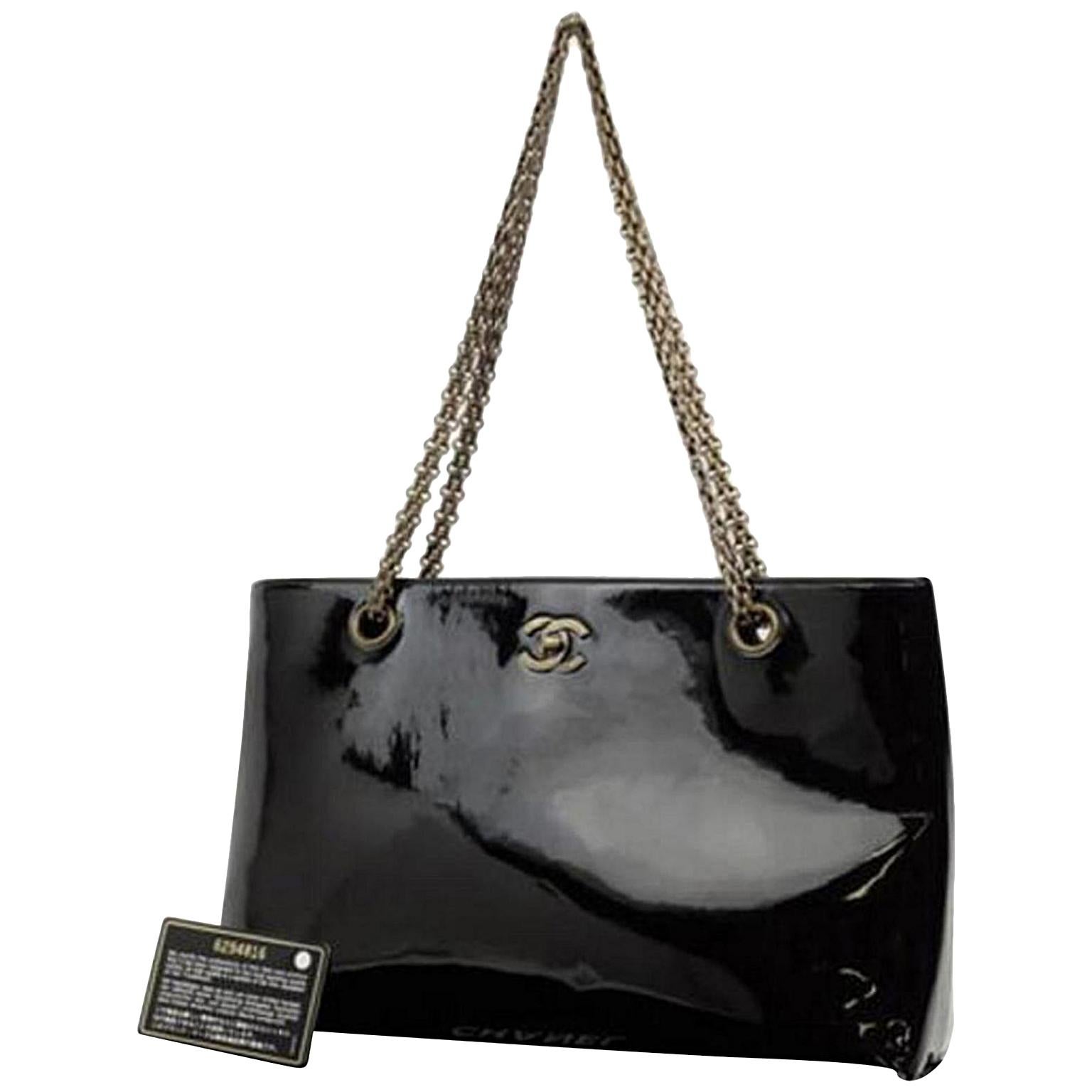 Chanel Mademoiselle Chain 223644 Black Patent Leather Tote For Sale
