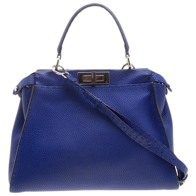 Fendi Blue Leather Small Peekaboo Top Handle Bag For Sale at 1stDibs