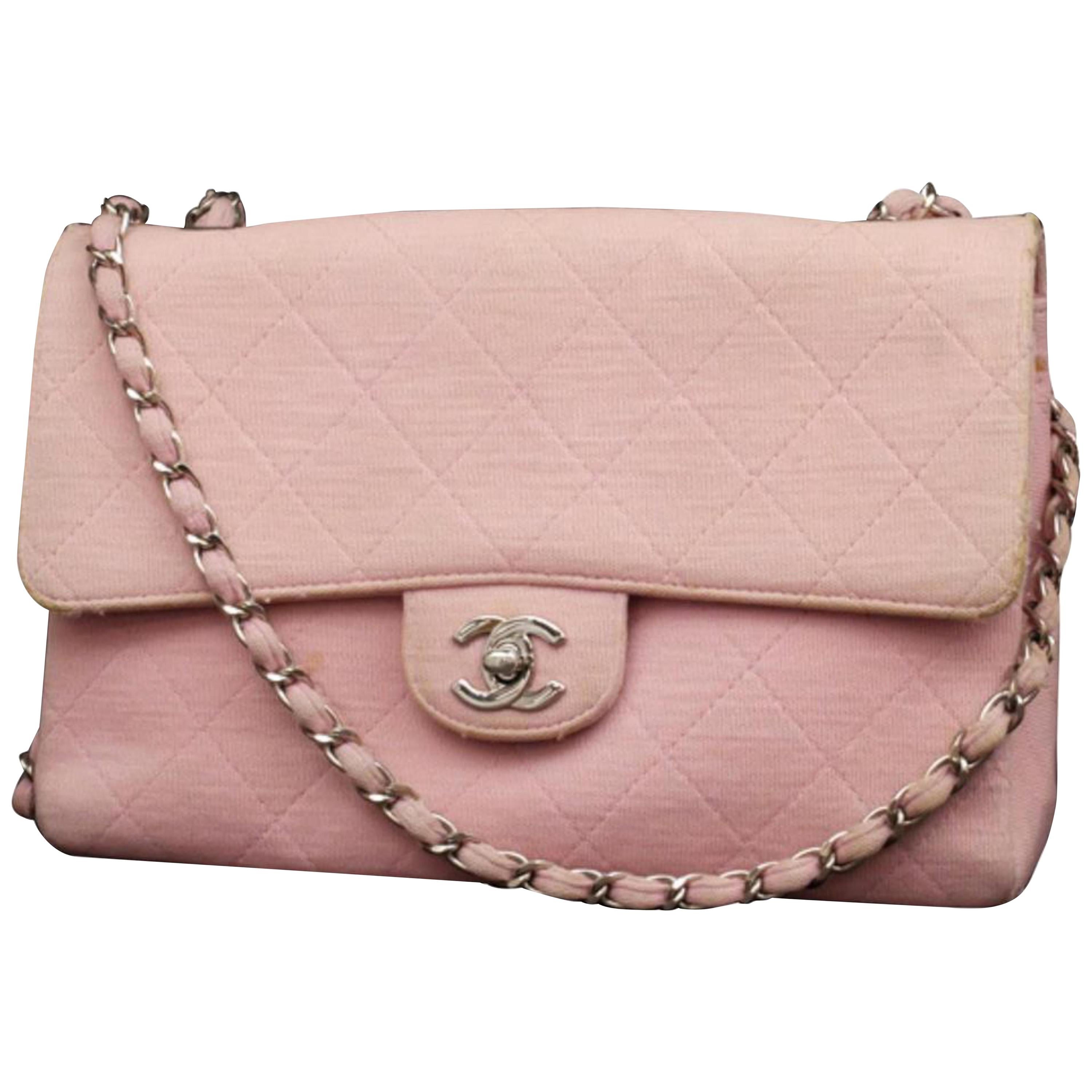 Chanel Classic Flap Silver Quilted 232361 Pink Jersey Shoulder Bag For Sale