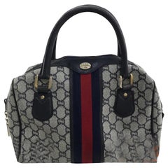 Vintage Gucci Boston Navy Supreme Sherry Monogram Web 228734 Blue Coated Canvas Satchel