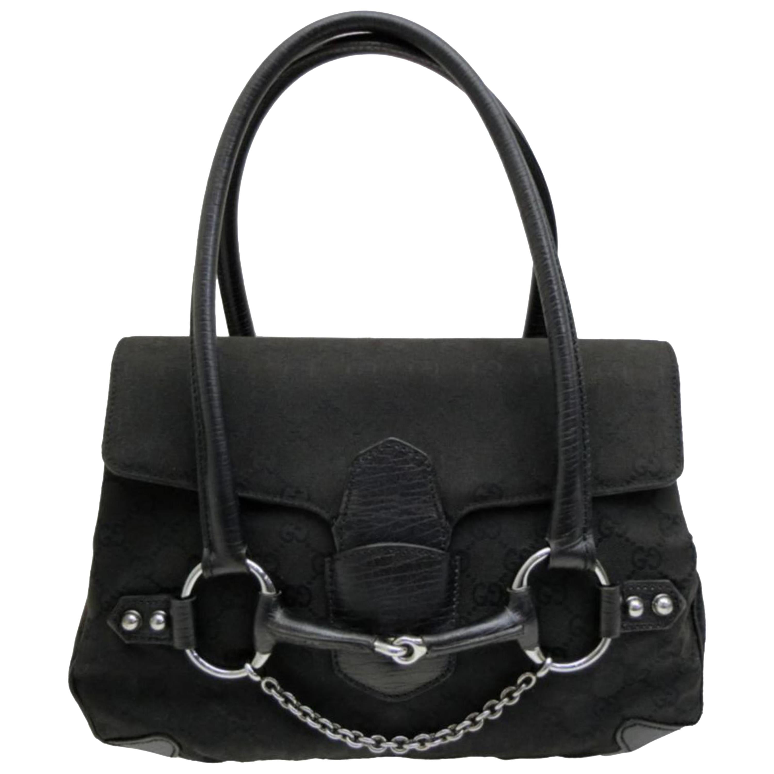Gucci Horsebit Monogram Chain Satchel 231789 Black Canvas Shoulder Bag For Sale