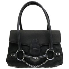 Vintage Gucci Horsebit Monogram Chain Satchel 231789 Black Canvas Shoulder Bag