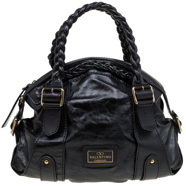 Valentino Black Glaze Leather Braided Handle Dome Satchel