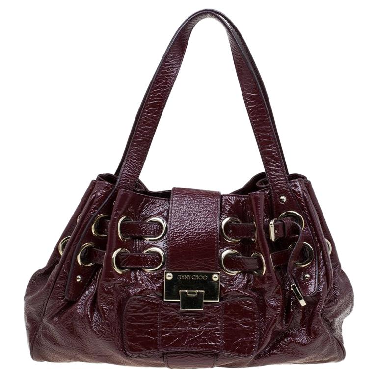 Jimmy Choo Burgundy Crinkled Patent Leather Small Riki Tote