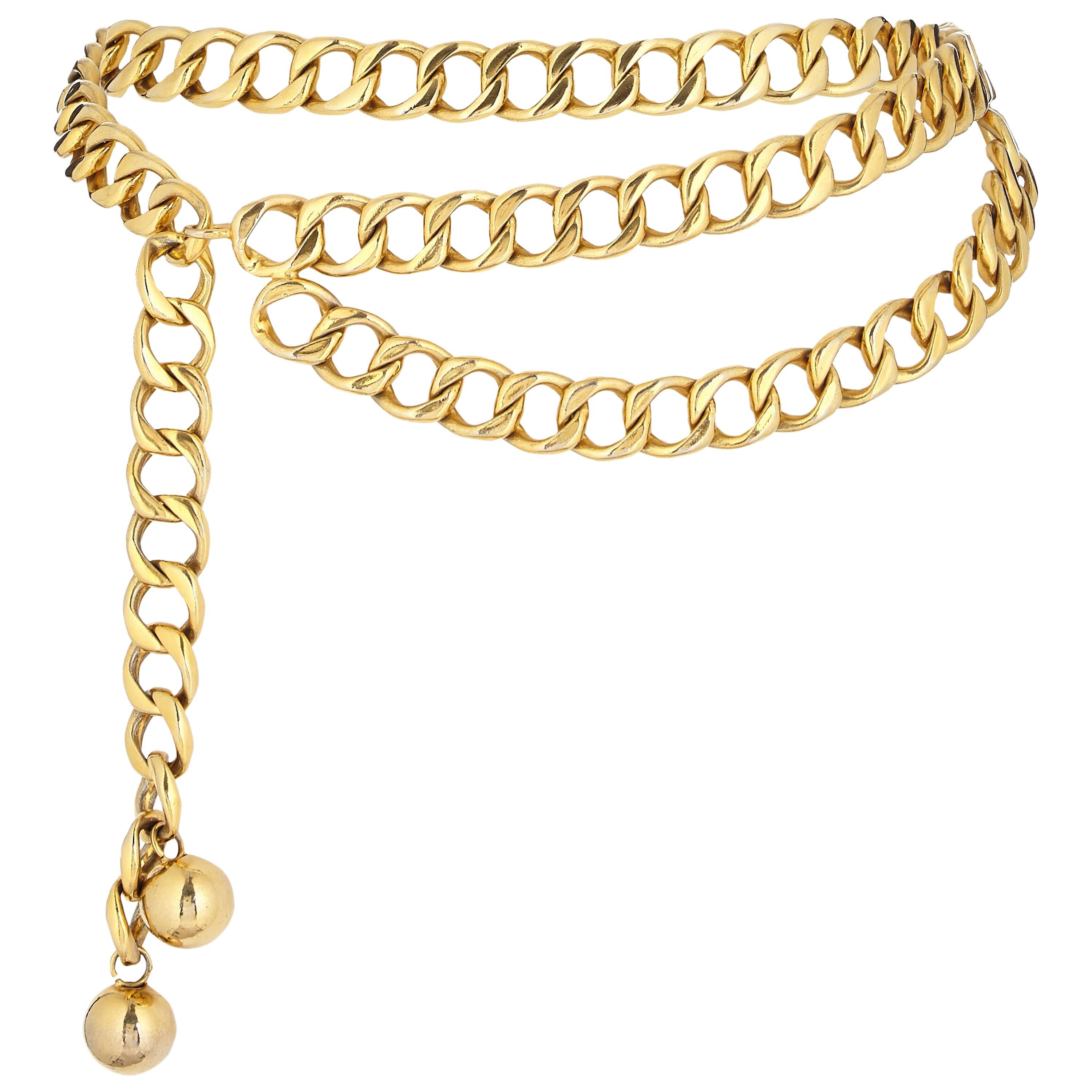 Chanel 1980s Heavy Gold Tone Chain Belt With Bauble Charms