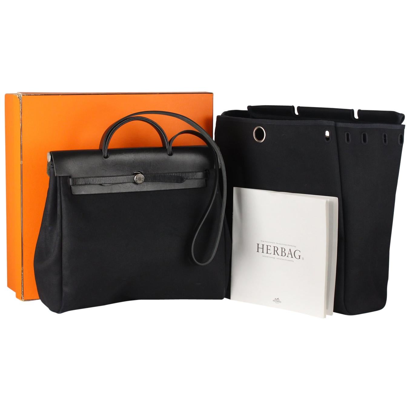 Hermes Black Canvas and Leather 2 in 1 Herbag Satchel Bag