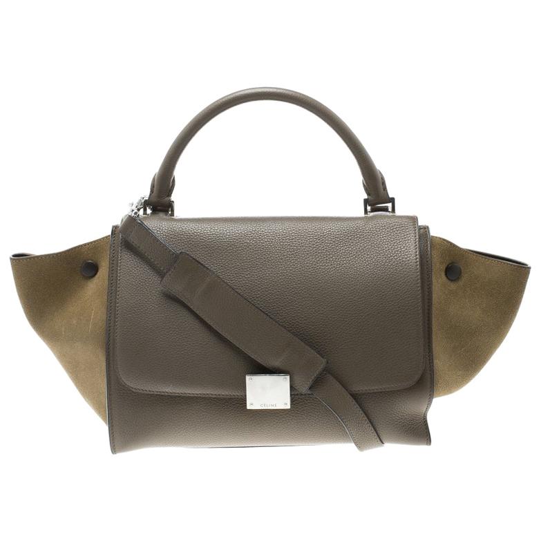 Celine Taupe Two Tone Leather and Suede Small Trapeze Tote