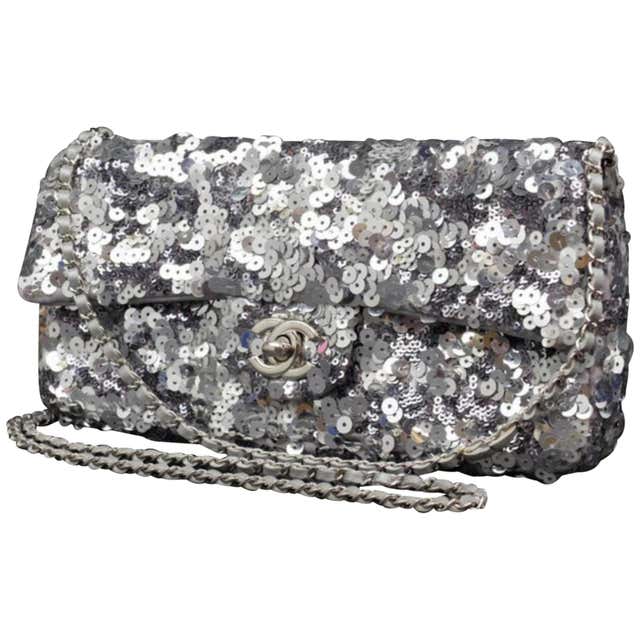 Chanel Classic Flap 226268 Silver Sequins Shoulder Bag For Sale at 1stDibs